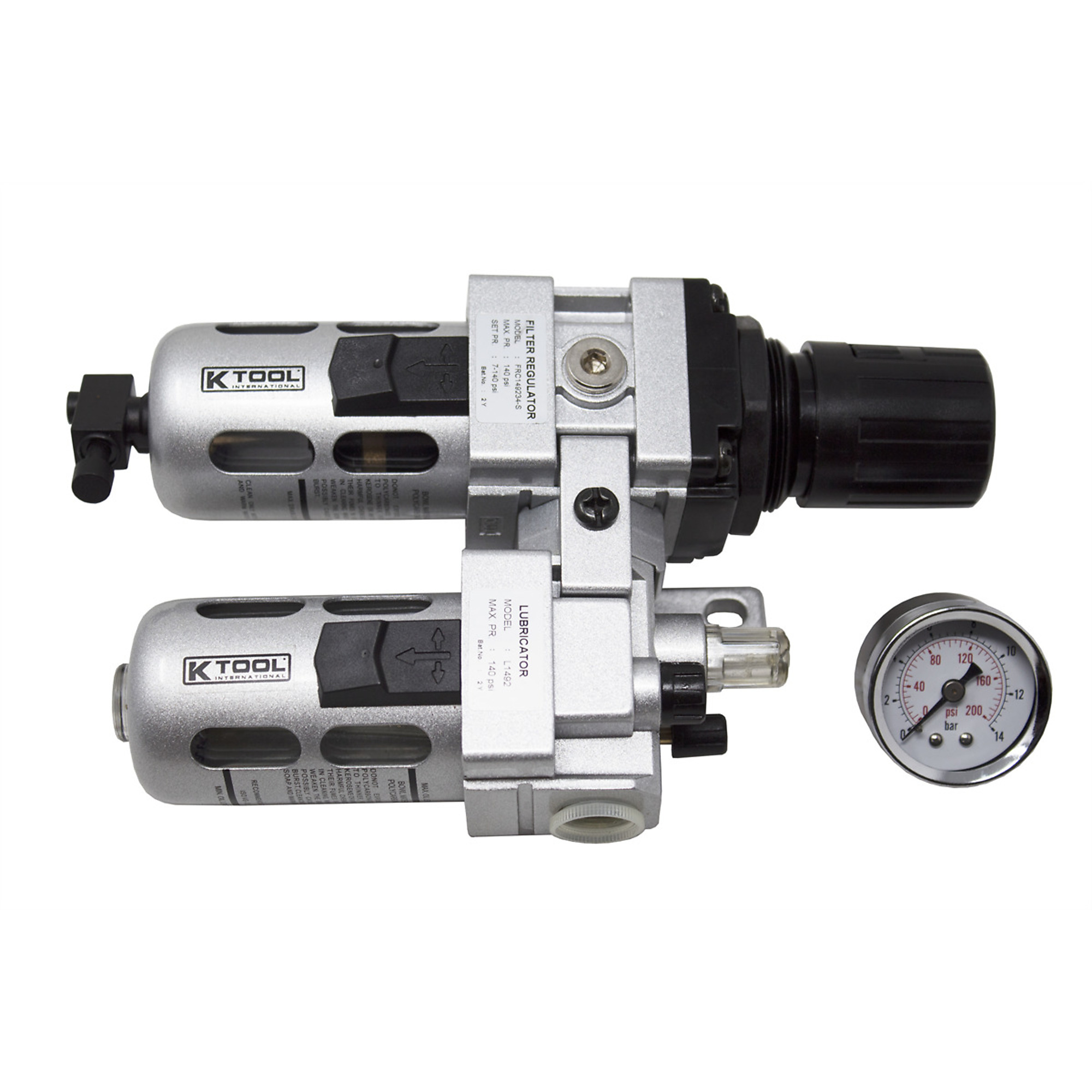 K Tool International Filter-Regulator and Lubricator — 3/8in. NPT, 63 CFM, 40 Micron, Semi-Auto Drain, Model# KTI89184